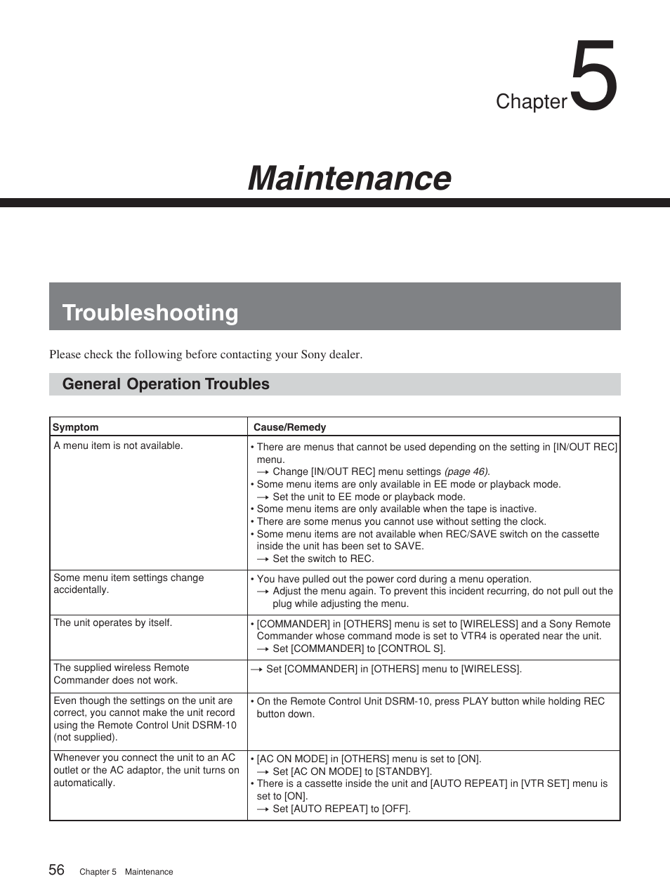 Chapter 5 maintenance, Troubleshooting, Maintenance | Chapter | Sony HVR-M15P User Manual | Page 56 / 80