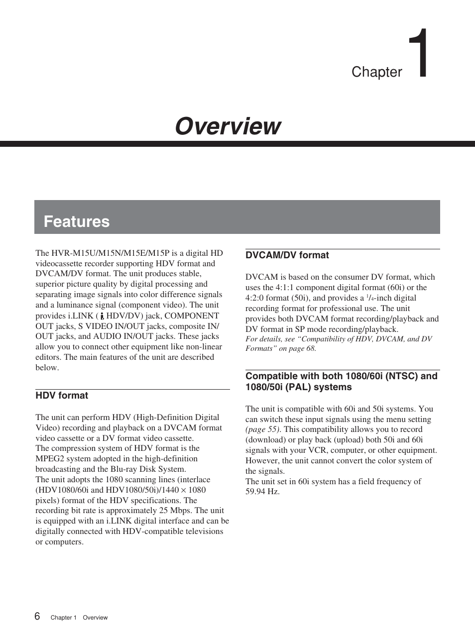 Chapter 1 overview, Features, Overview | Chapter | Sony HVR-M15P User Manual | Page 6 / 80