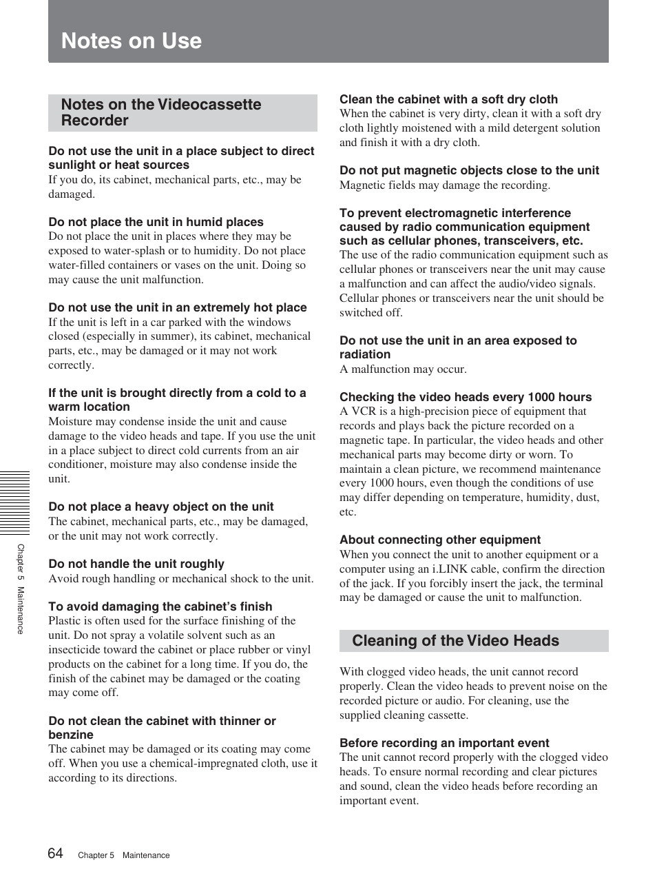 Notes on use, Notes on the videocassette recorder, Cleaning of the video heads | Sony HVR-M15P User Manual | Page 64 / 80