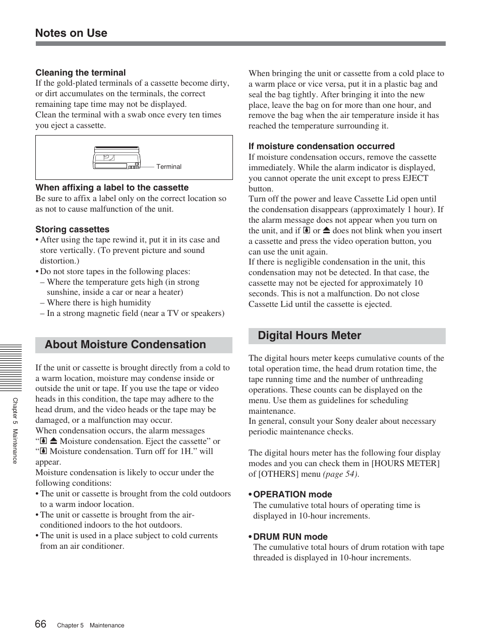 About moisture condensation, Digital hours meter | Sony HVR-M15P User Manual | Page 66 / 80