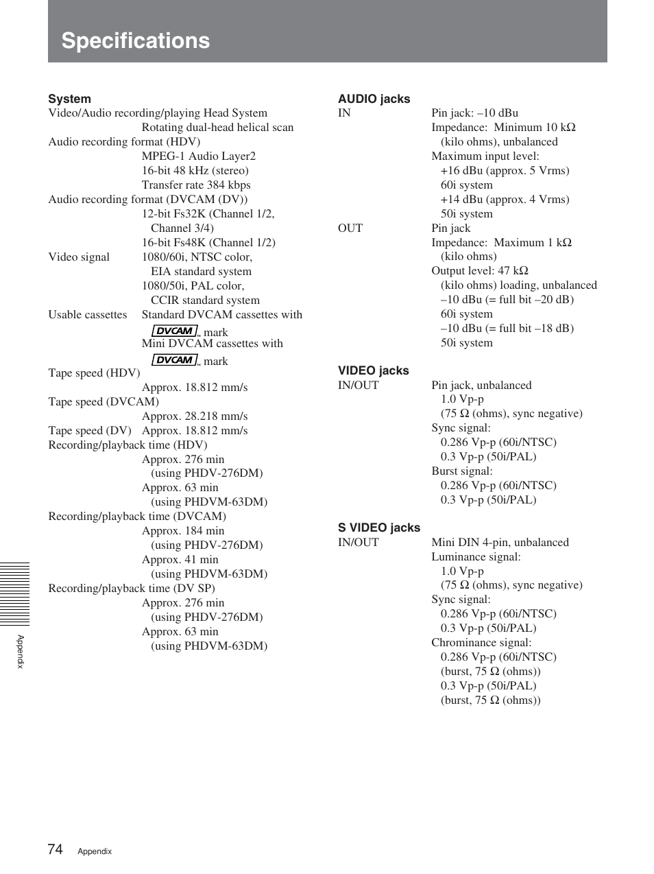 Specifications | Sony HVR-M15P User Manual | Page 74 / 80