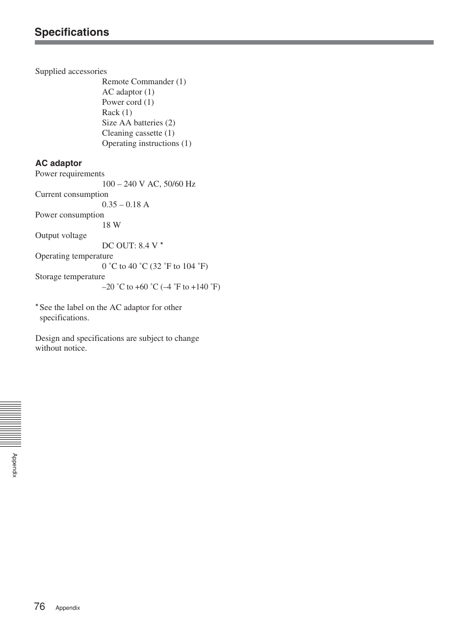 Specifications | Sony HVR-M15P User Manual | Page 76 / 80