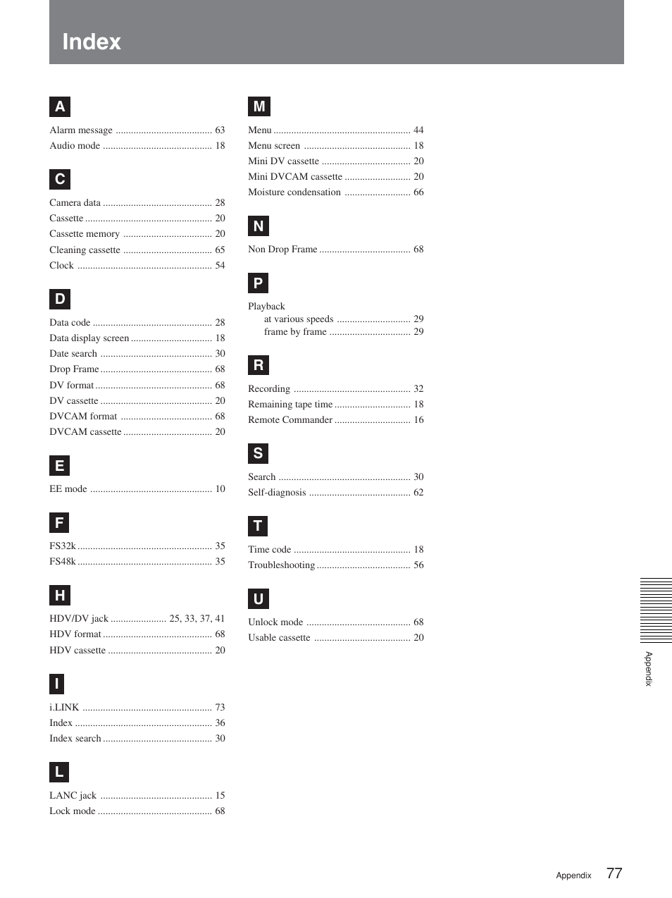 Index | Sony HVR-M15P User Manual | Page 77 / 80