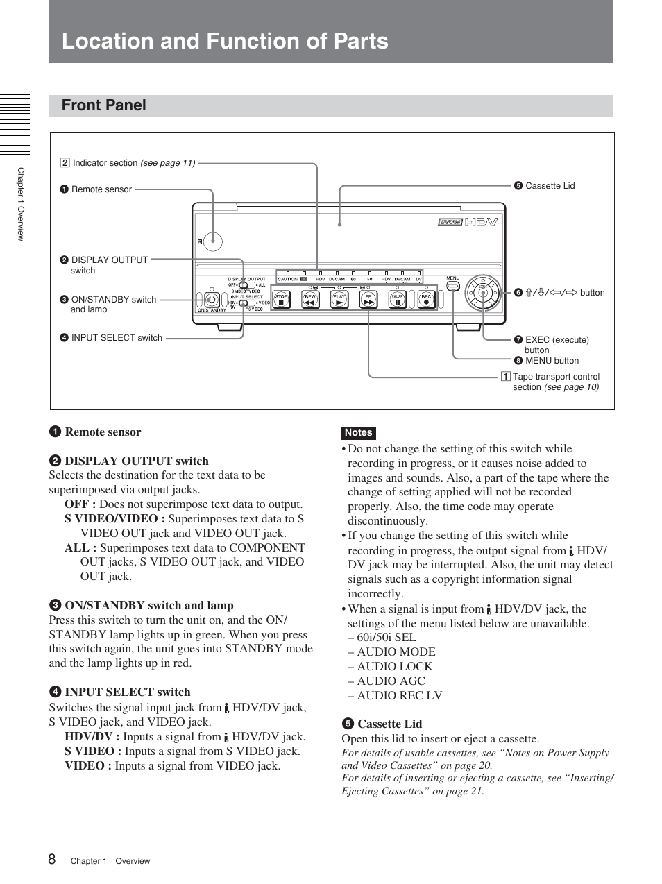 Location and function of parts, Front panel | Sony HVR-M15P User Manual | Page 8 / 80