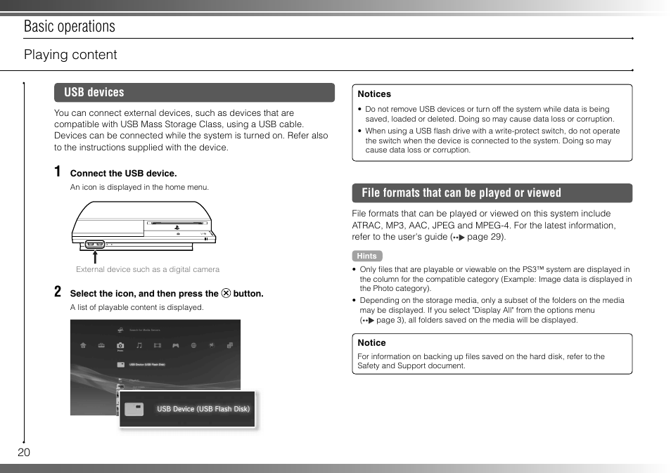 Basic operations, Playing content | Sony 160GB Playstation 3 CECHP01 User Manual | Page 20 / 100