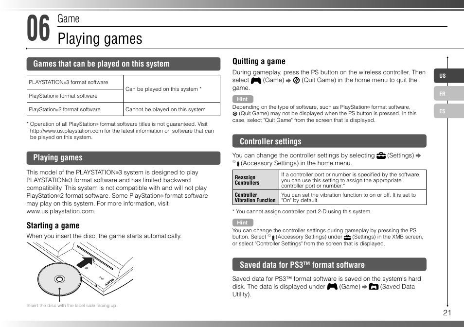 Playing games, Game, Games that can be played on this system | Starting a game, Quitting a game, Controller settings, Saved data for ps3™ format software | Sony 160GB Playstation 3 CECHP01 User Manual | Page 21 / 100