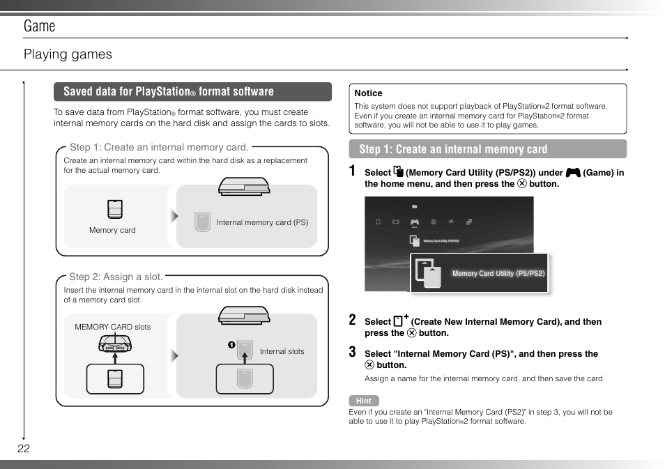 Game, Playing games, Saved data for playstation | Format software | Sony 160GB Playstation 3 CECHP01 User Manual | Page 22 / 100