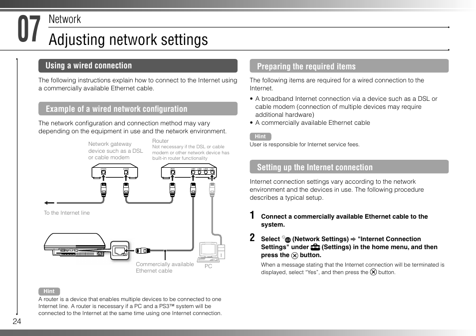 Adjusting network settings, Network | Sony 160GB Playstation 3 CECHP01 User Manual | Page 24 / 100