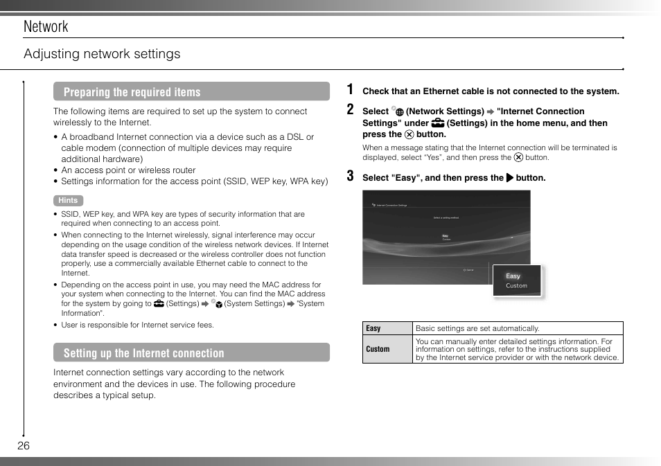 Network, Adjusting network settings | Sony 160GB Playstation 3 CECHP01 User Manual | Page 26 / 100