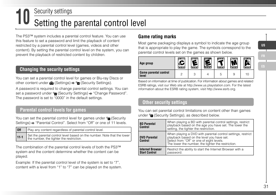 Setting the parental control level, Security settings | Sony 160GB Playstation 3 CECHP01 User Manual | Page 31 / 100