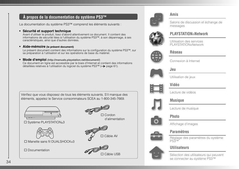 34 à propos de la documentation du système ps3, Amis, Playstation | Network, Réseau, Vidéo, Musique, Photo, Paramètres, Utilisateurs | Sony 160GB Playstation 3 CECHP01 User Manual | Page 34 / 100