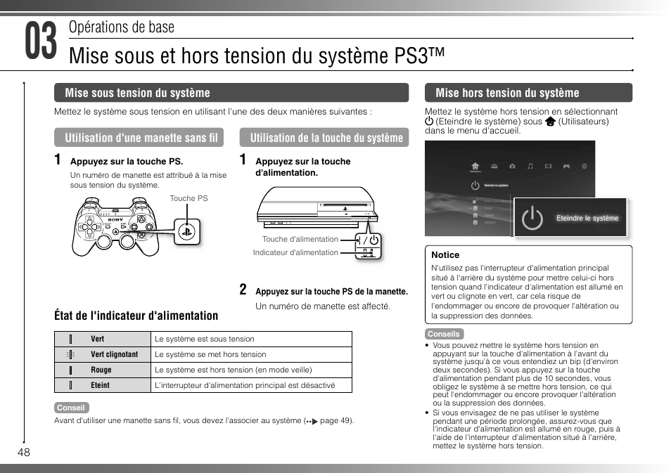 Mise sous et hors tension du système ps3, Opérations de base | Sony 160GB Playstation 3 CECHP01 User Manual | Page 48 / 100