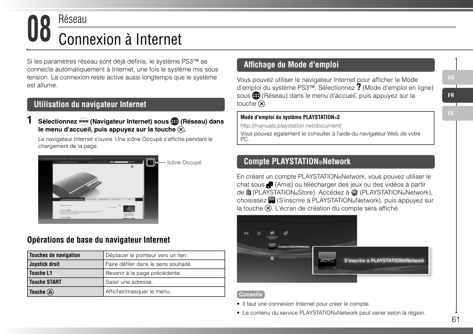 Connexion à internet, Réseau | Sony 160GB Playstation 3 CECHP01 User Manual | Page 61 / 100