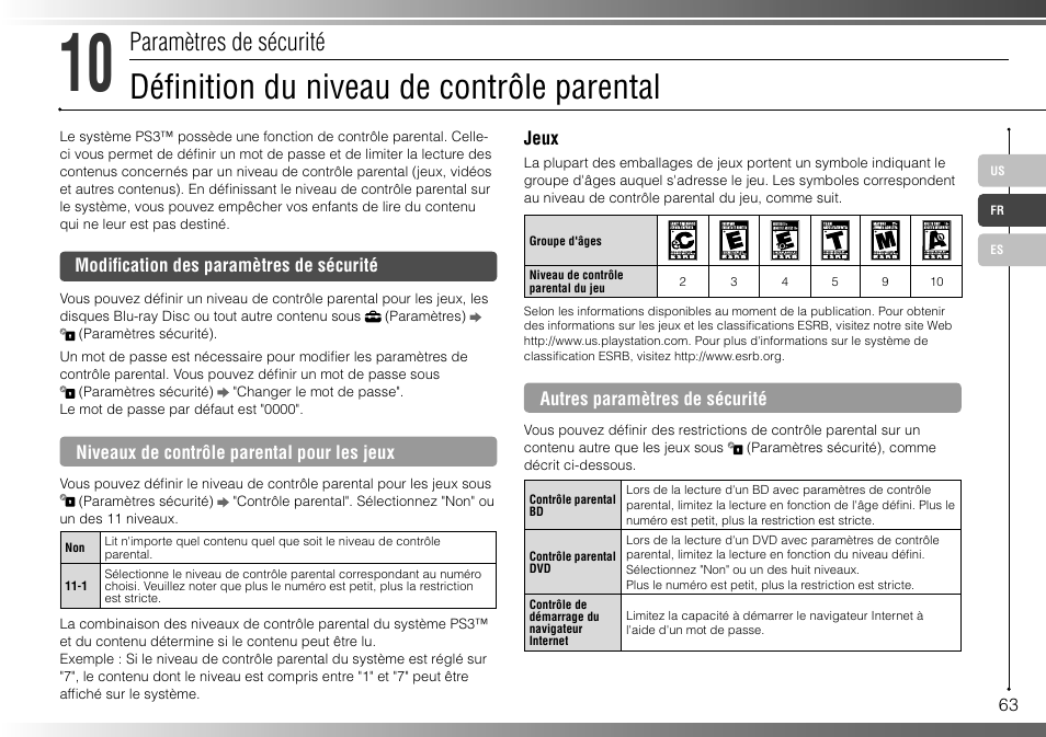 Défi nition du niveau de contrôle parental, Paramètres de sécurité | Sony 160GB Playstation 3 CECHP01 User Manual | Page 63 / 100