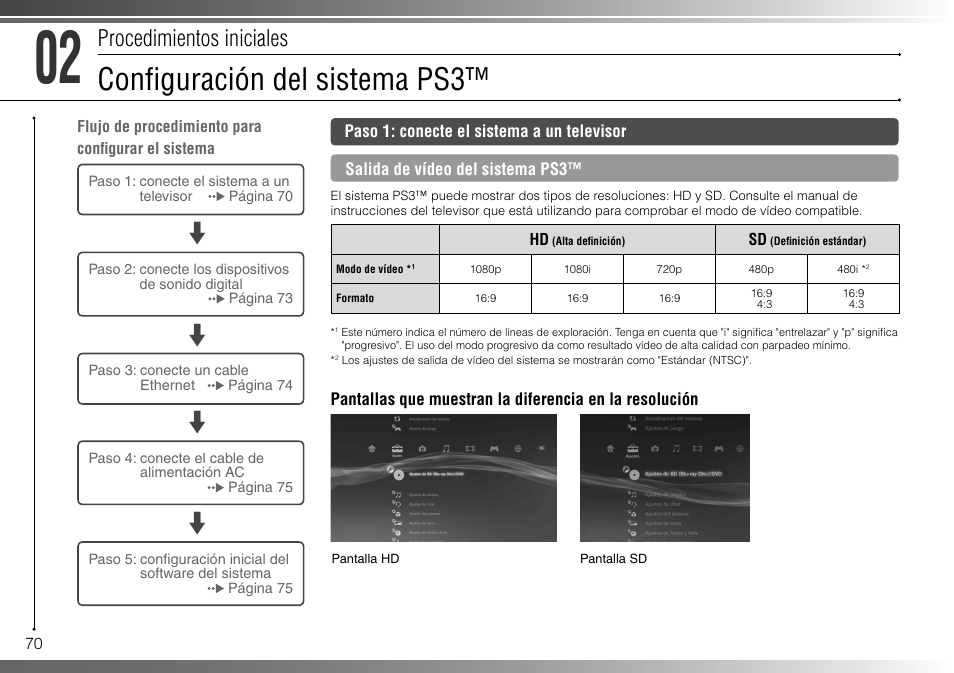 Confi guración del sistema ps3, Procedimientos iniciales | Sony 160GB Playstation 3 CECHP01 User Manual | Page 70 / 100