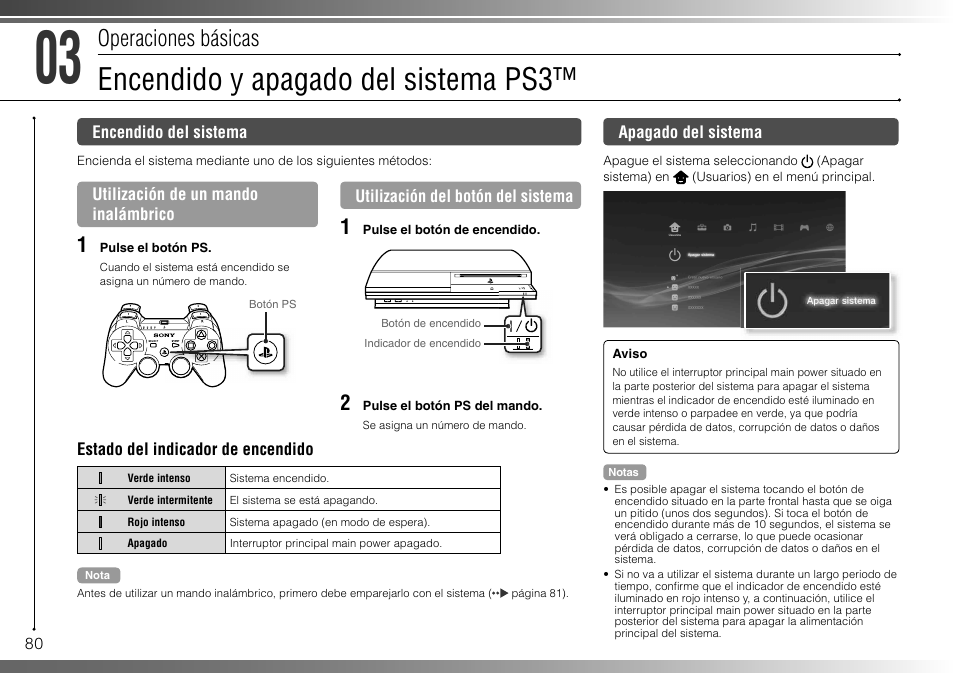 Encendido y apagado del sistema ps3, Operaciones básicas | Sony 160GB Playstation 3 CECHP01 User Manual | Page 80 / 100