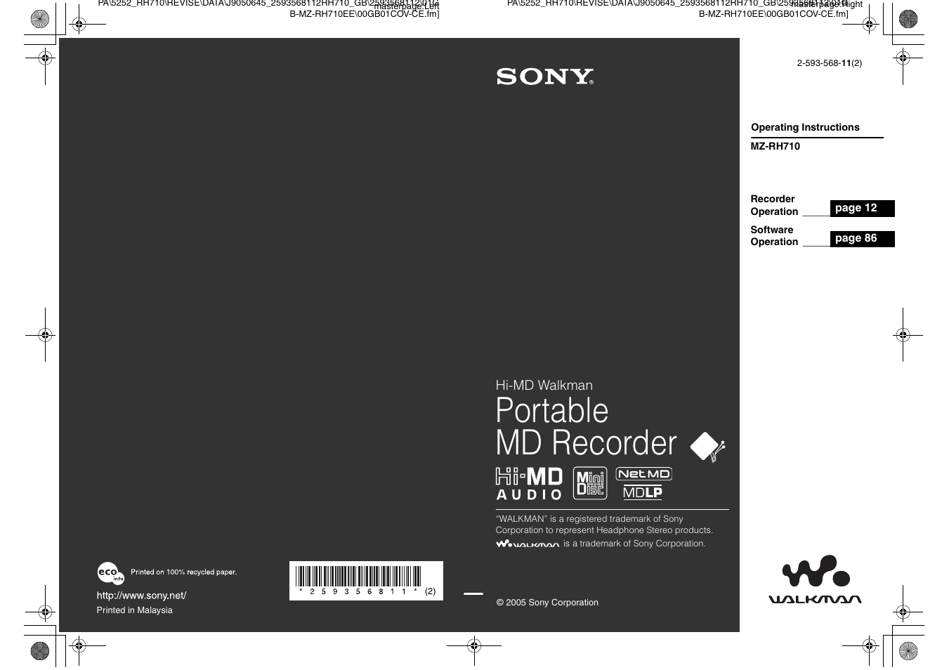 Sony Portable MD Recorder MZ-RH710 User Manual | 115 pages