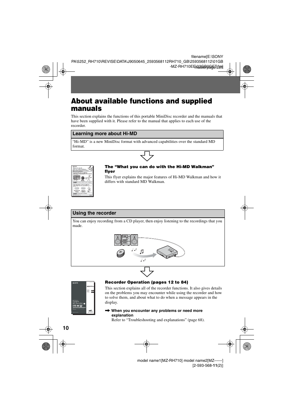 About available functions and supplied manuals, Learning more about hi-md, Using the recorder | About available functions and supplied, Manuals | Sony Portable MD Recorder MZ-RH710 User Manual | Page 10 / 115