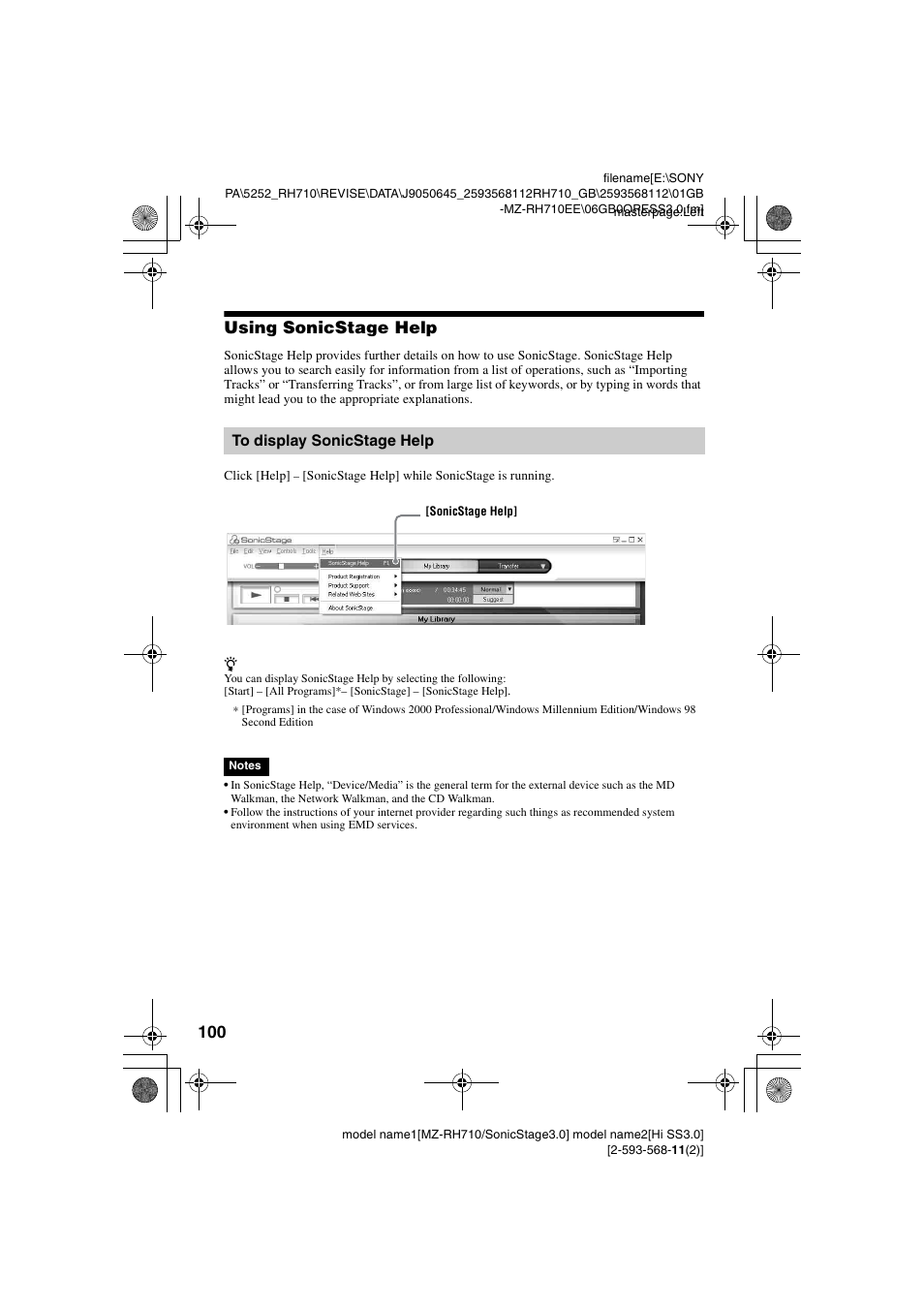 Using sonicstage help, To display sonicstage help | Sony Portable MD Recorder MZ-RH710 User Manual | Page 100 / 115