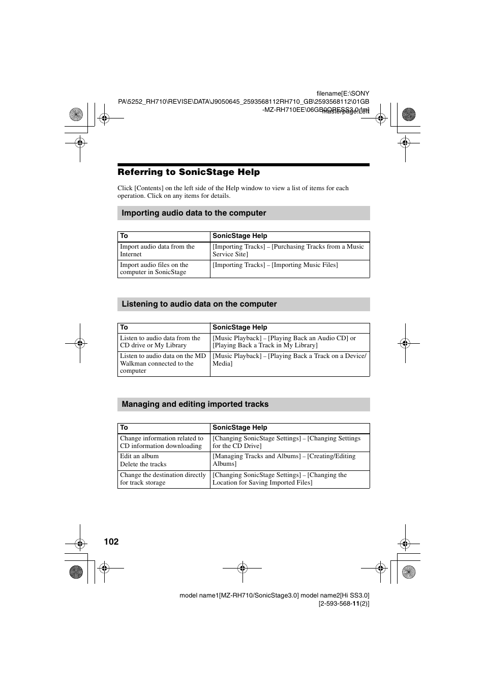 Referring to sonicstage help, Importing audio data to the computer, Listening to audio data on the computer | Managing and editing imported tracks | Sony Portable MD Recorder MZ-RH710 User Manual | Page 102 / 115