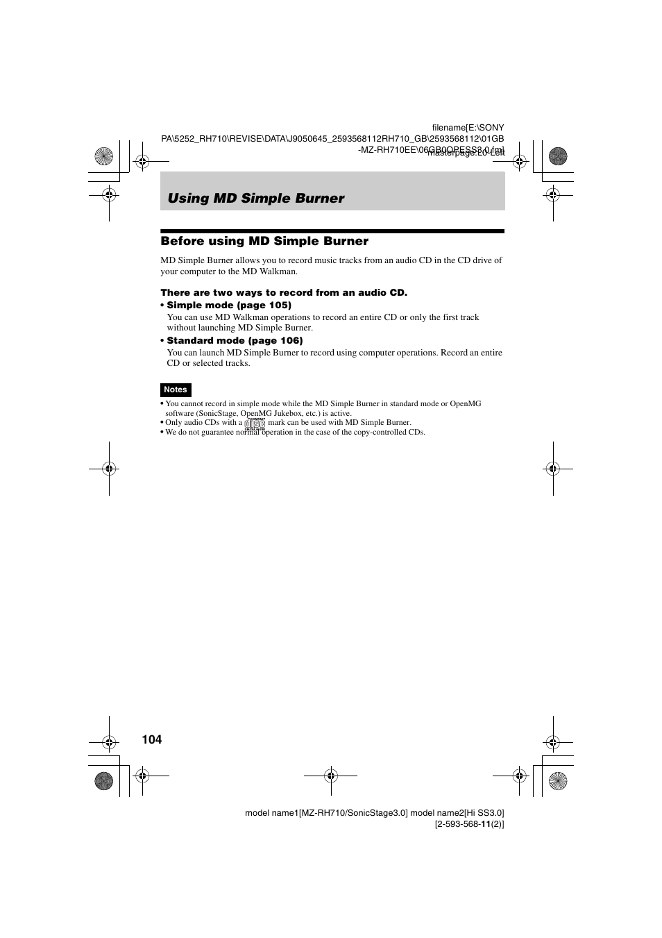 Using md simple burner, Before using md simple burner | Sony Portable MD Recorder MZ-RH710 User Manual | Page 104 / 115