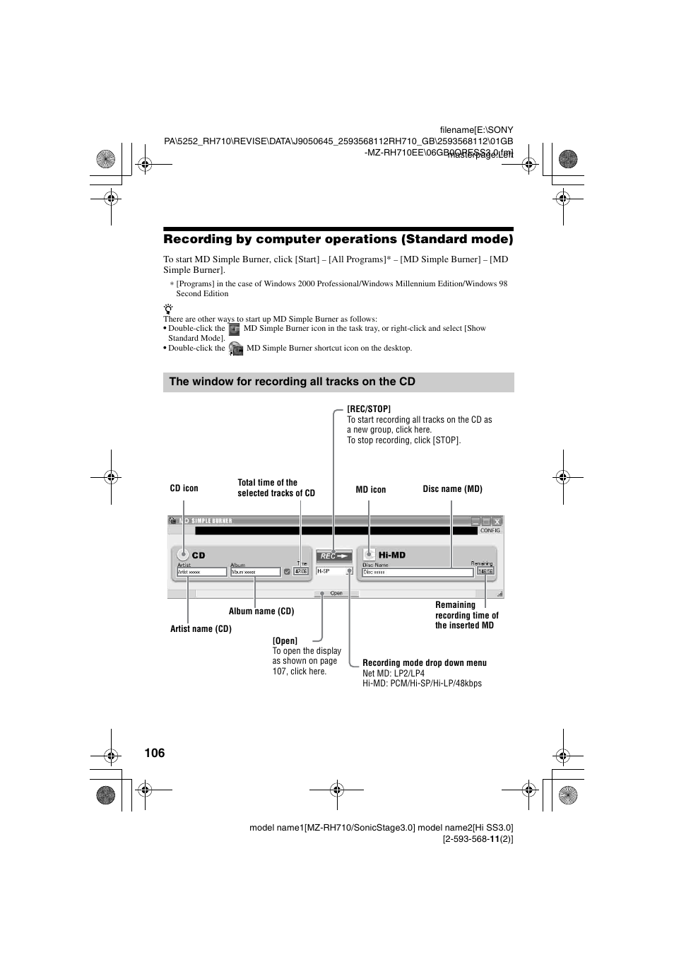 Recording by computer operations (standard mode), The window for recording all tracks on the cd | Sony Portable MD Recorder MZ-RH710 User Manual | Page 106 / 115