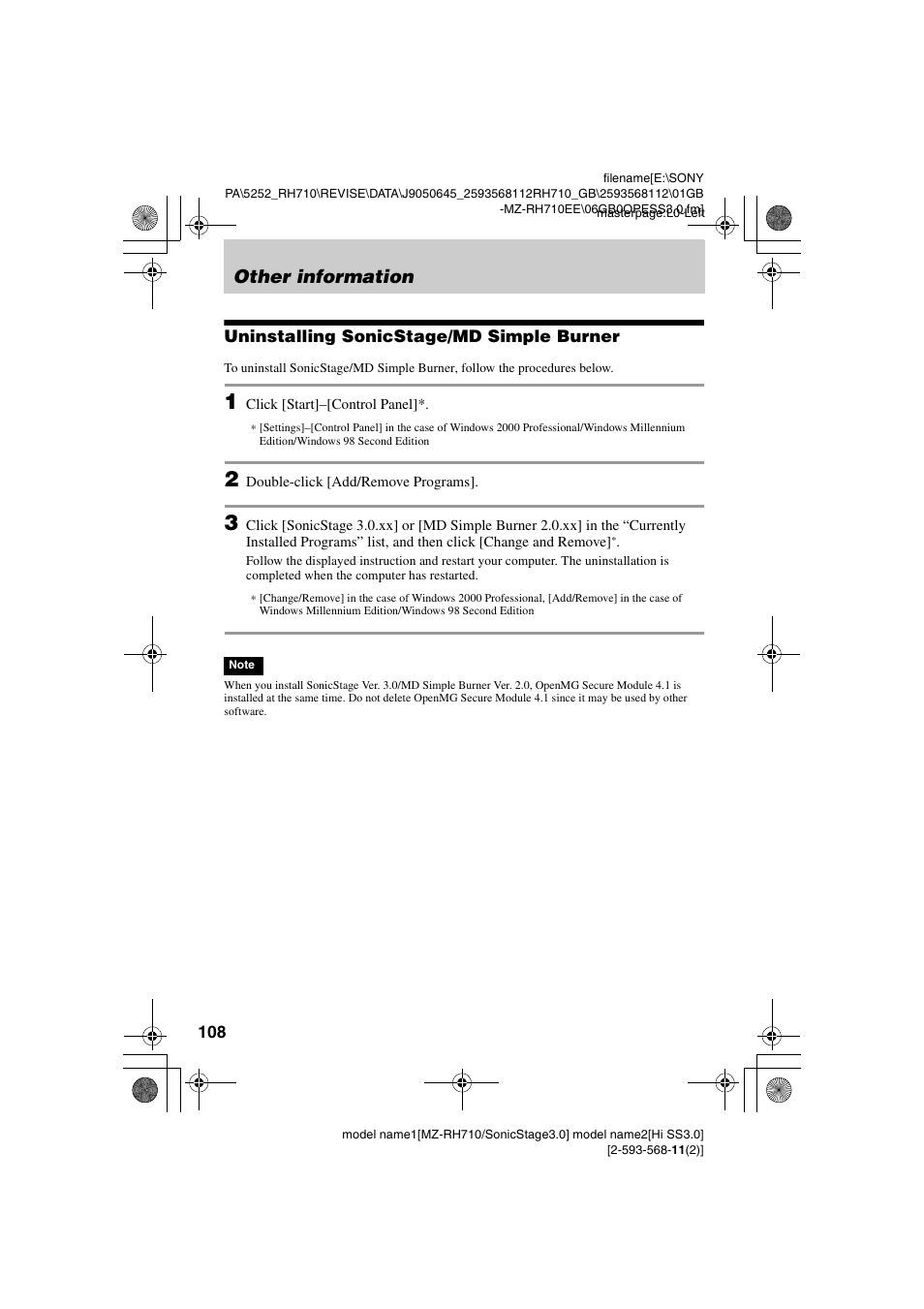 Other information, Uninstalling sonicstage/md simple burner | Sony Portable MD Recorder MZ-RH710 User Manual | Page 108 / 115