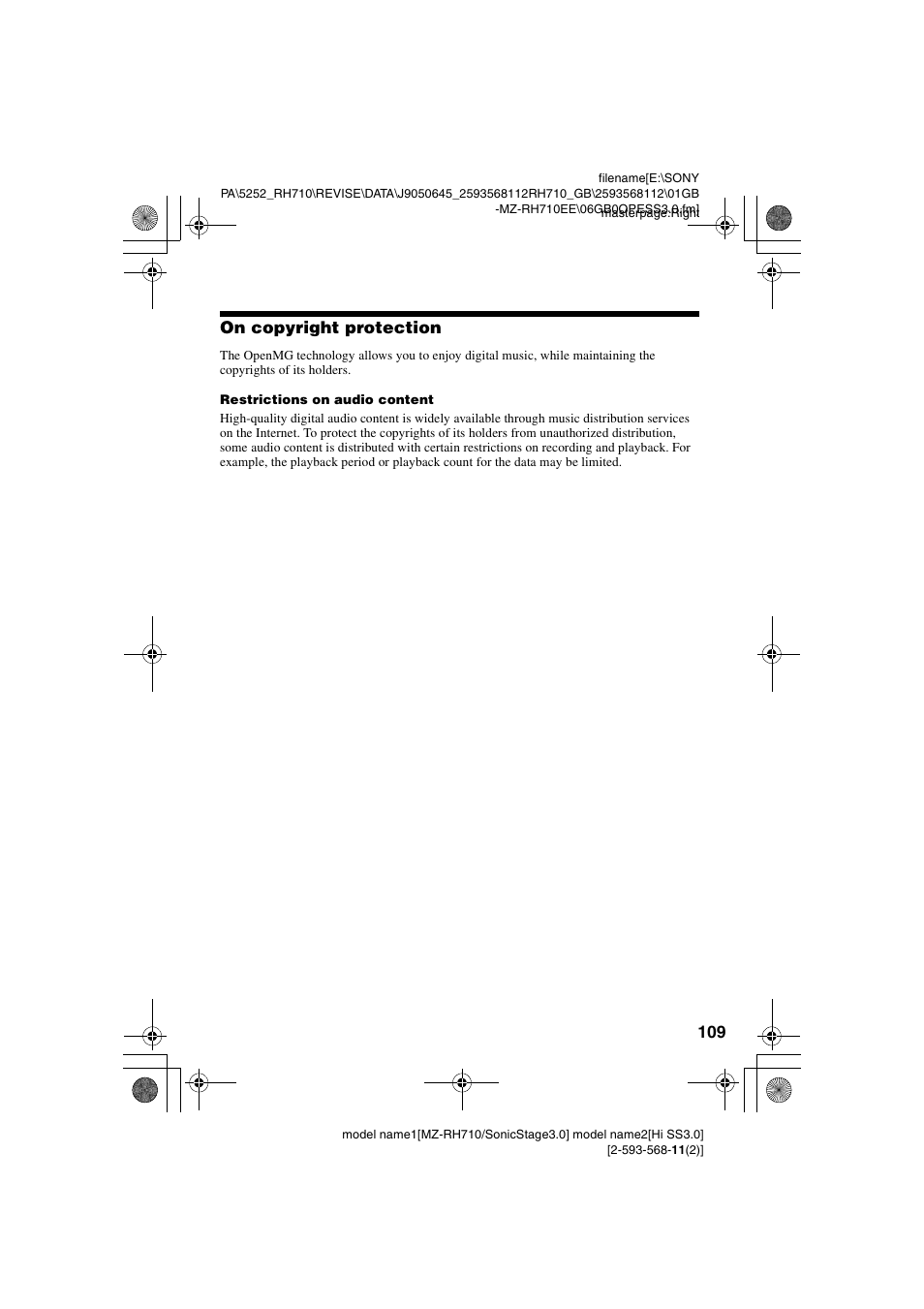 On copyright protection, 109 on copyright protection | Sony Portable MD Recorder MZ-RH710 User Manual | Page 109 / 115