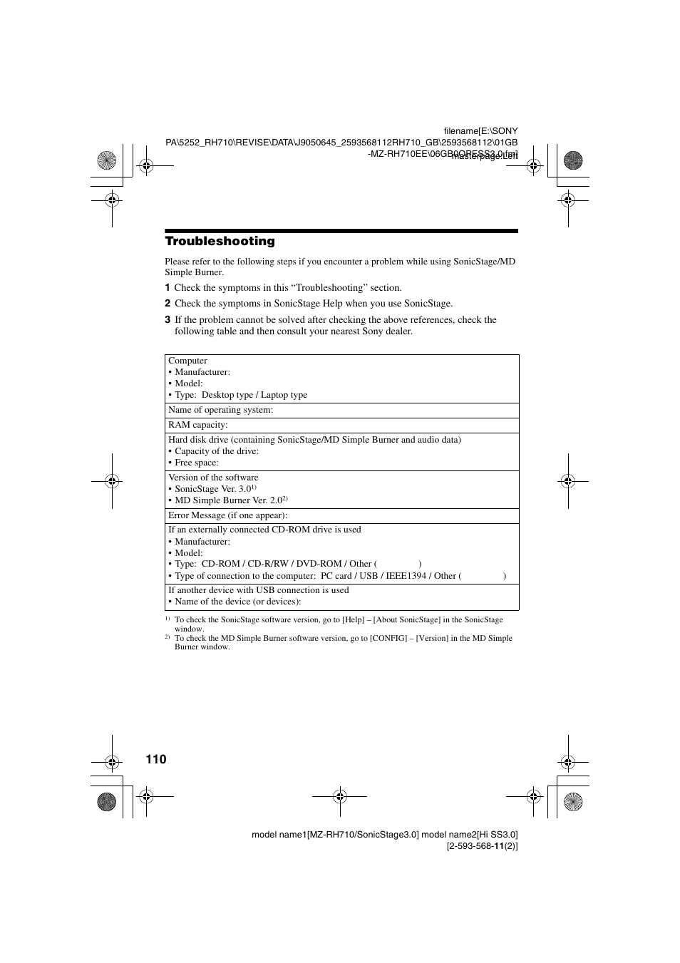 Troubleshooting | Sony Portable MD Recorder MZ-RH710 User Manual | Page 110 / 115