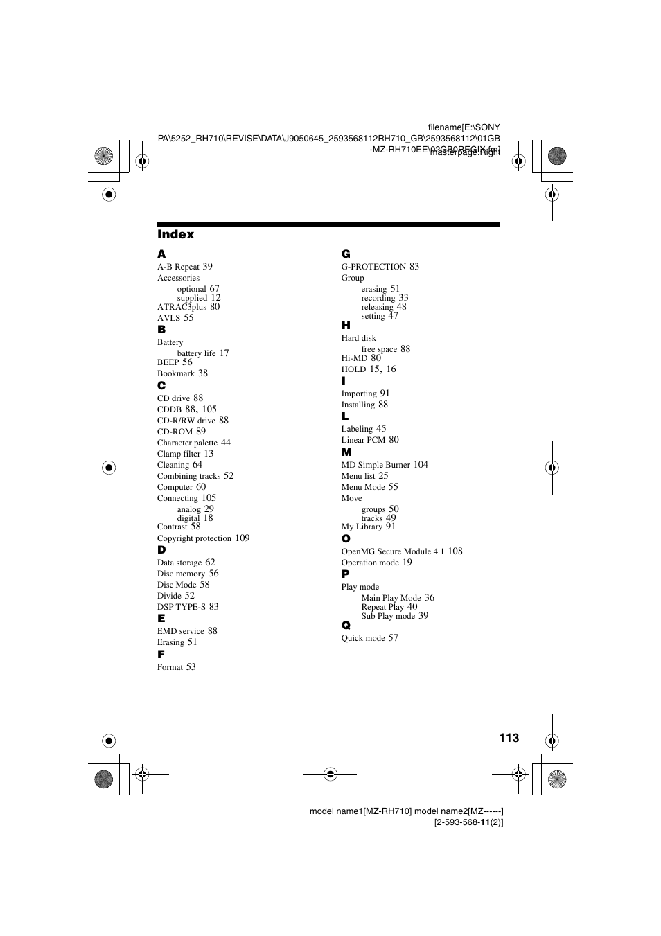 Index | Sony Portable MD Recorder MZ-RH710 User Manual | Page 113 / 115