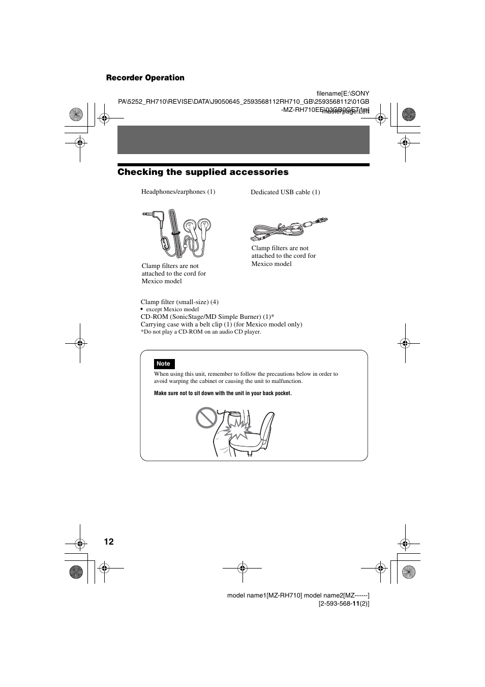 Recorder operation, Es 12 t, Checking the supplied accessories | Sony Portable MD Recorder MZ-RH710 User Manual | Page 12 / 115