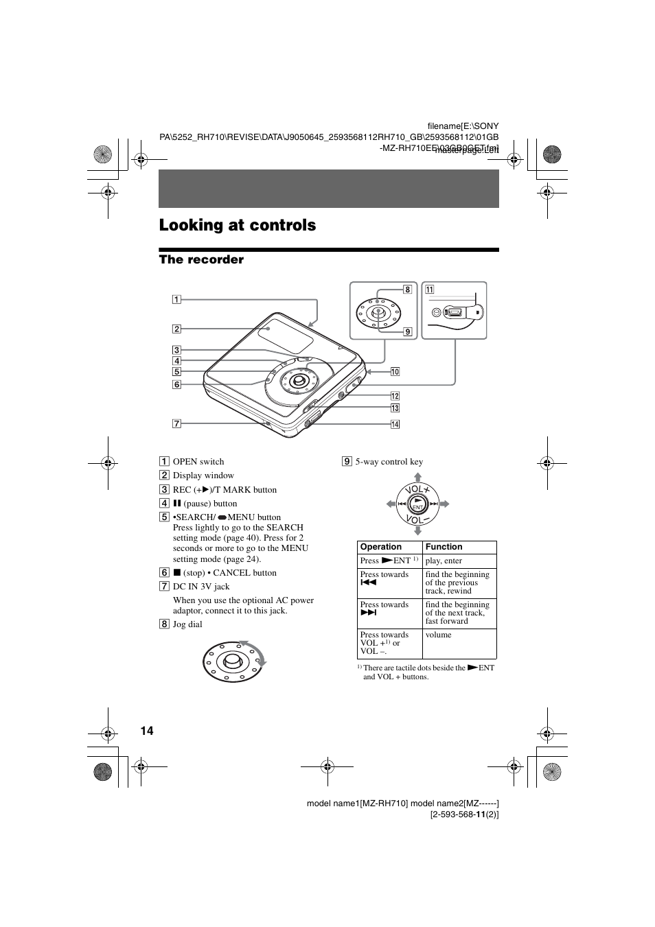 Looking at controls, The recorder | Sony Portable MD Recorder MZ-RH710 User Manual | Page 14 / 115