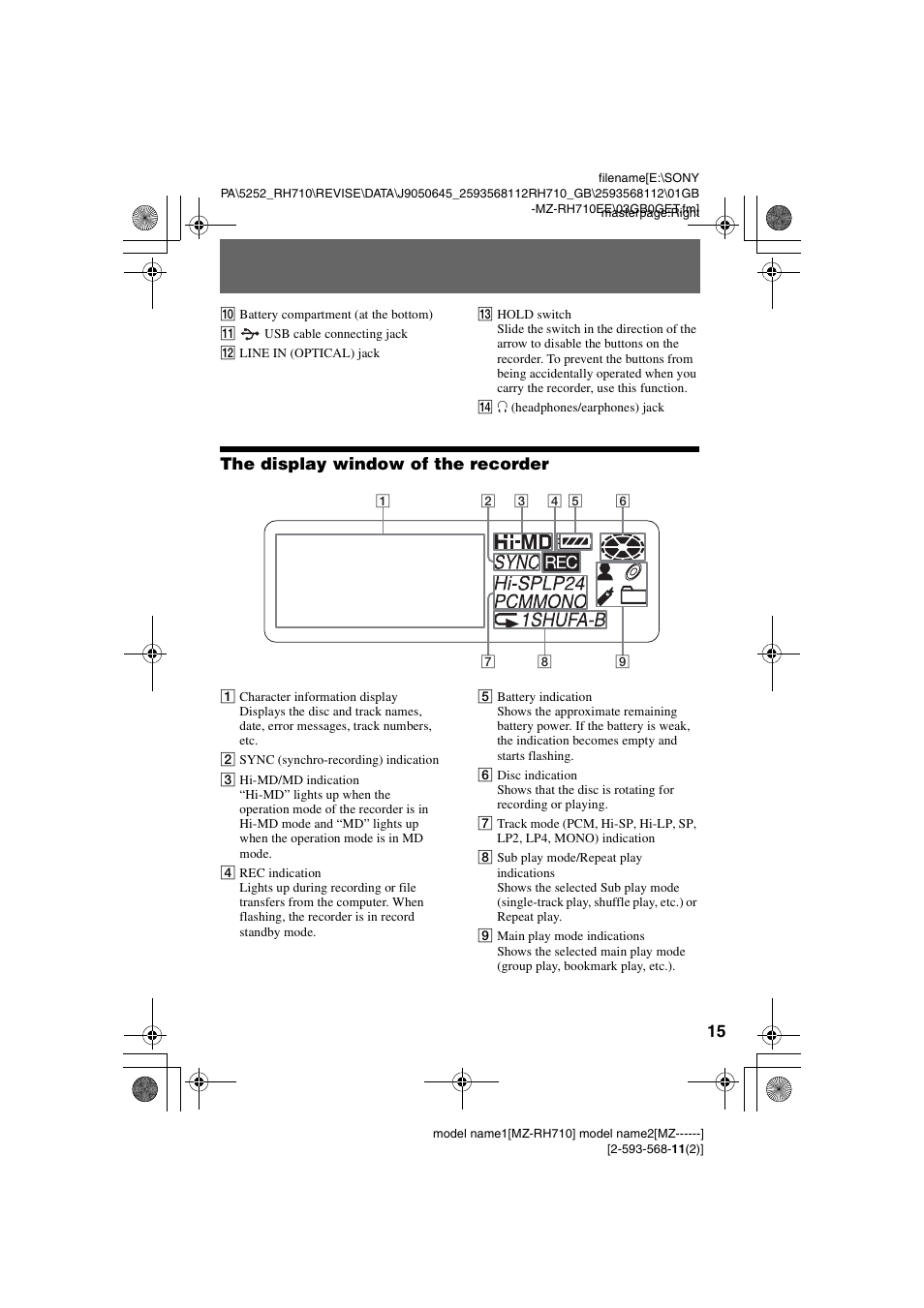 The display window of the recorder | Sony Portable MD Recorder MZ-RH710 User Manual | Page 15 / 115