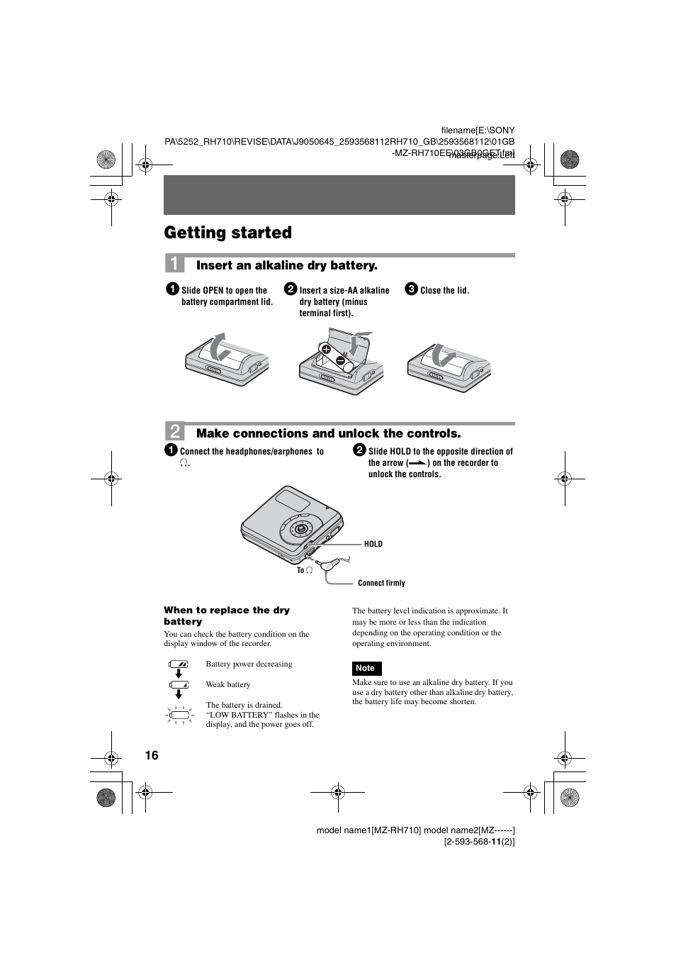 Getting started | Sony Portable MD Recorder MZ-RH710 User Manual | Page 16 / 115