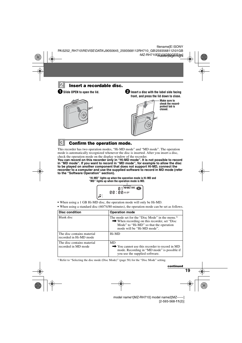 Insert a recordable disc, Confirm the operation mode | Sony Portable MD Recorder MZ-RH710 User Manual | Page 19 / 115