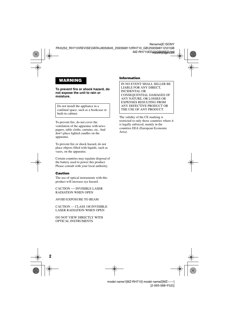 Warning | Sony Portable MD Recorder MZ-RH710 User Manual | Page 2 / 115