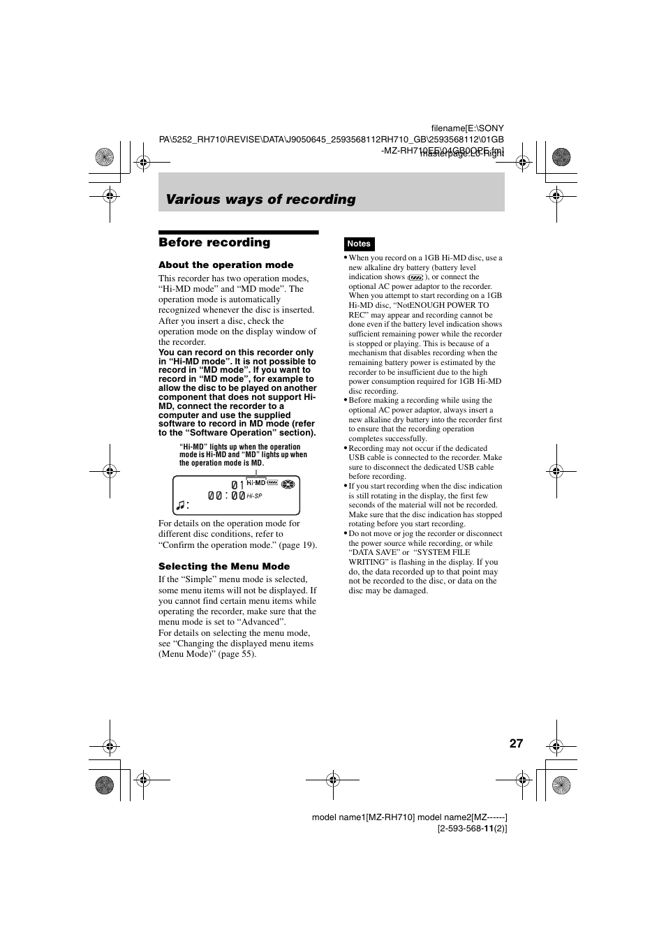 Various ways of recording, Before recording | Sony Portable MD Recorder MZ-RH710 User Manual | Page 27 / 115