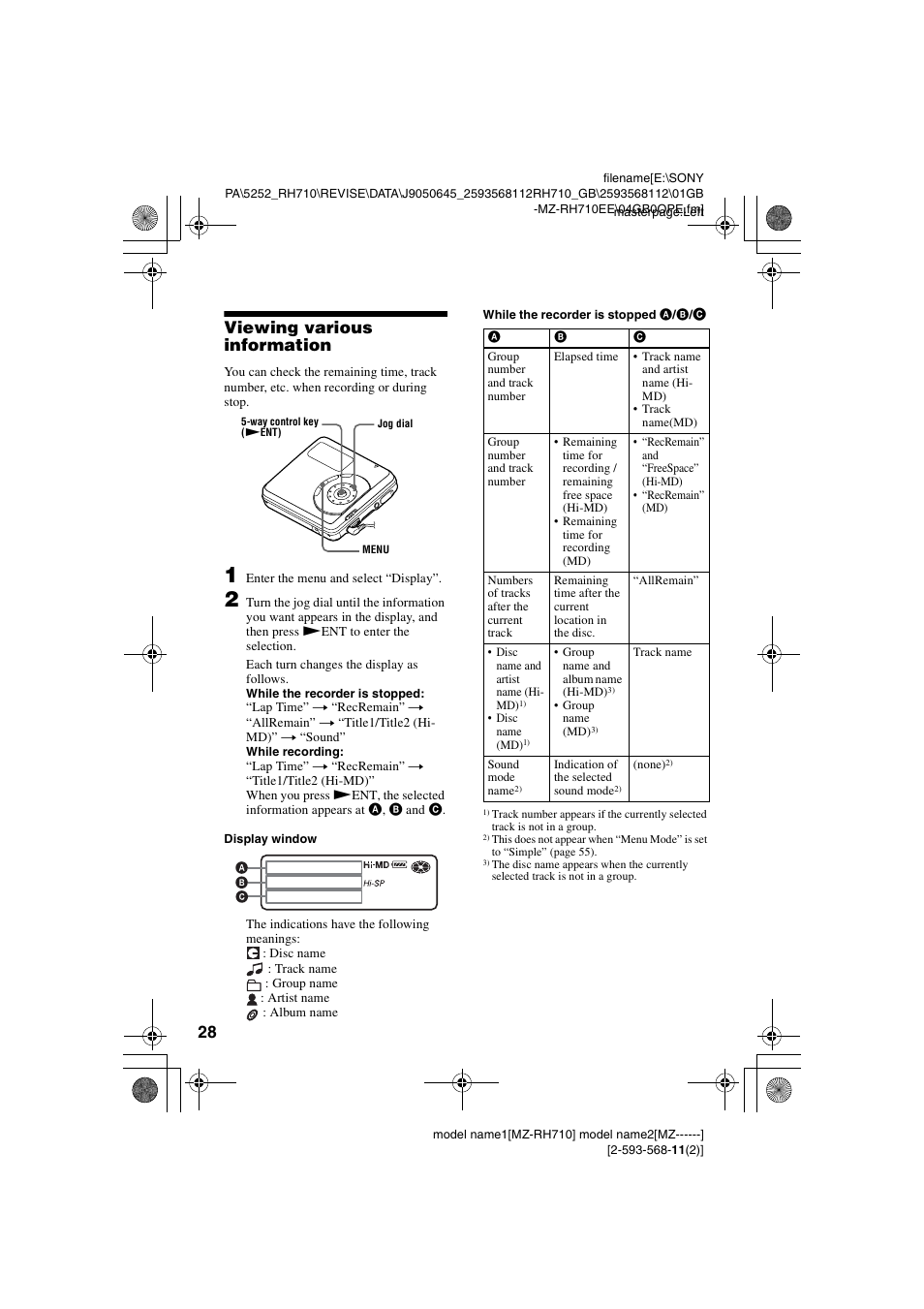 Viewing various information | Sony Portable MD Recorder MZ-RH710 User Manual | Page 28 / 115