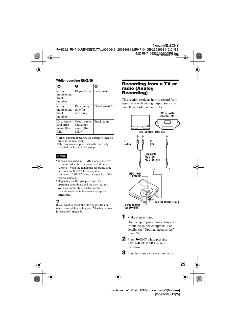 Recording from a tv or radio (analog recording) | Sony Portable MD Recorder MZ-RH710 User Manual | Page 29 / 115
