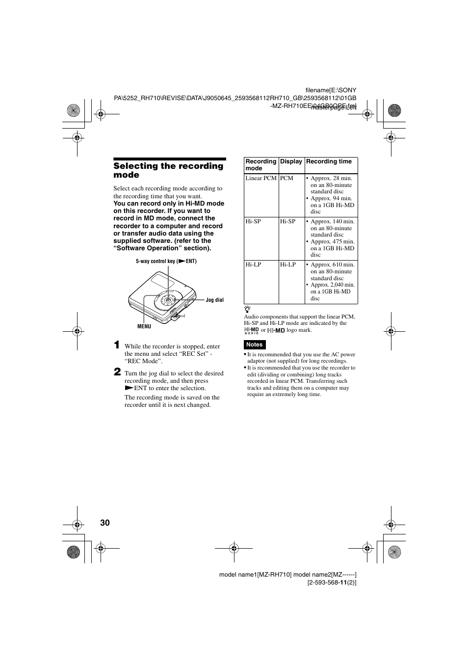 Selecting the recording mode | Sony Portable MD Recorder MZ-RH710 User Manual | Page 30 / 115