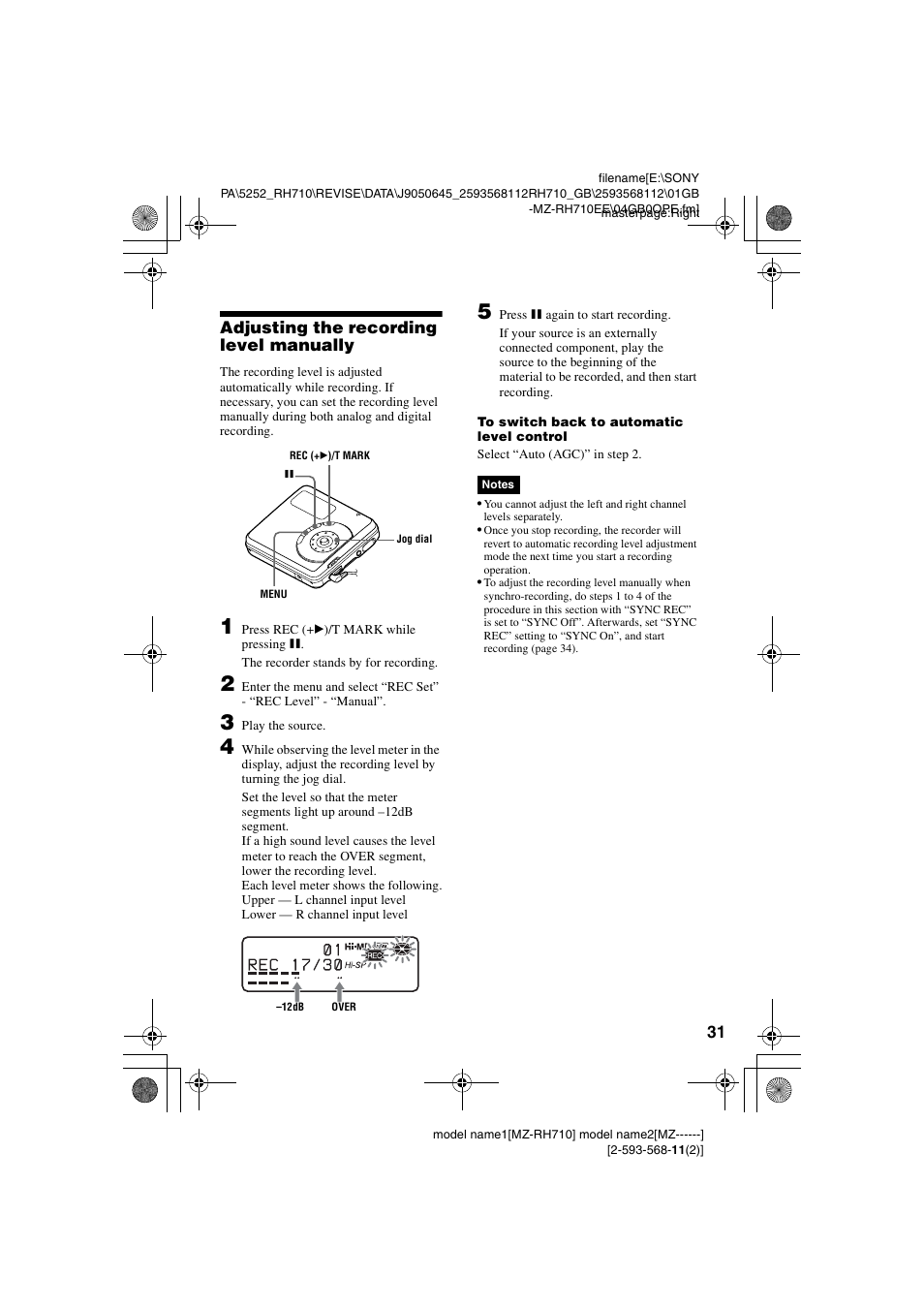 Adjusting the recording level manually | Sony Portable MD Recorder MZ-RH710 User Manual | Page 31 / 115