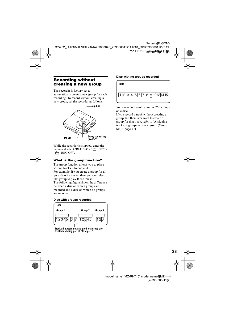 Recording without creating a new group, 33 recording without creating a new group | Sony Portable MD Recorder MZ-RH710 User Manual | Page 33 / 115