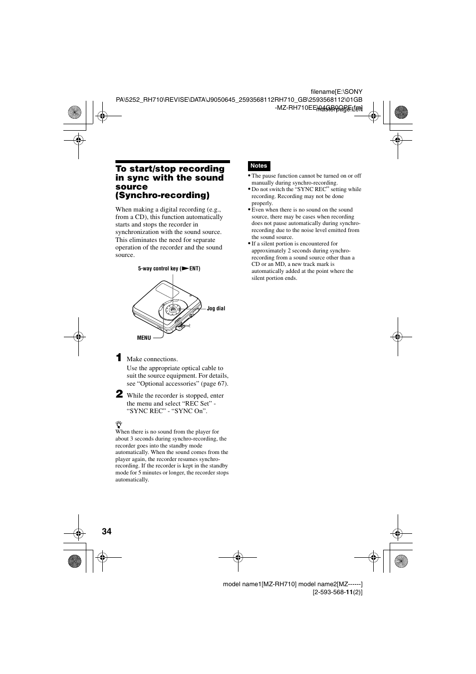 Synchro-recording) | Sony Portable MD Recorder MZ-RH710 User Manual | Page 34 / 115
