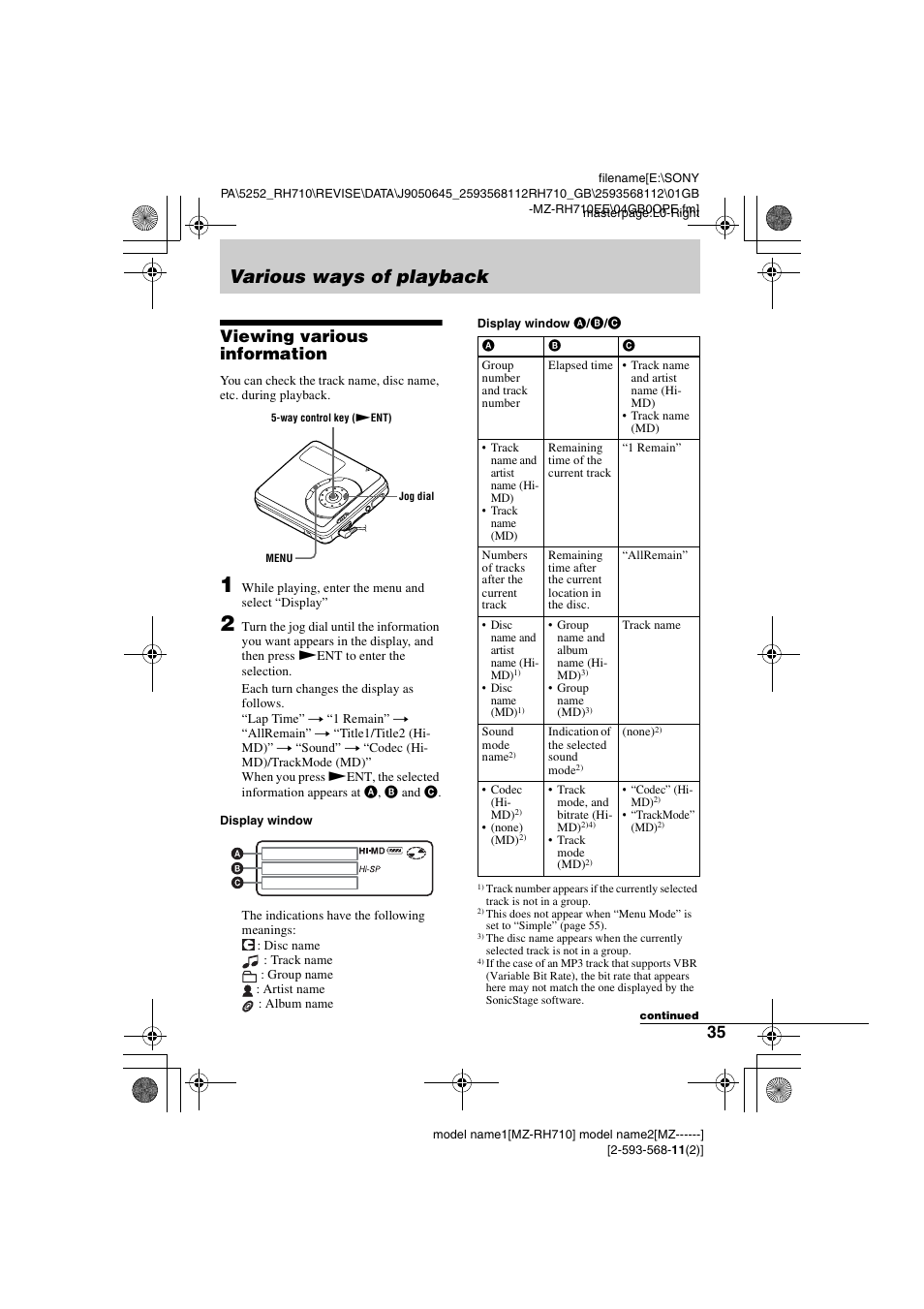 Various ways of playback, Viewing various information | Sony Portable MD Recorder MZ-RH710 User Manual | Page 35 / 115