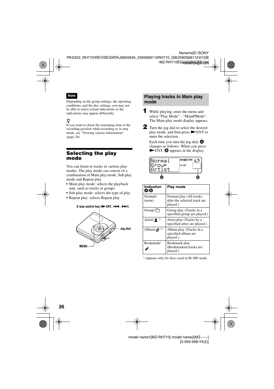 Selecting the play mode, Playing tracks in main play mode | Sony Portable MD Recorder MZ-RH710 User Manual | Page 36 / 115