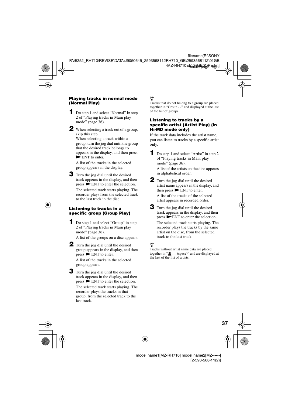 Sony Portable MD Recorder MZ-RH710 User Manual | Page 37 / 115
