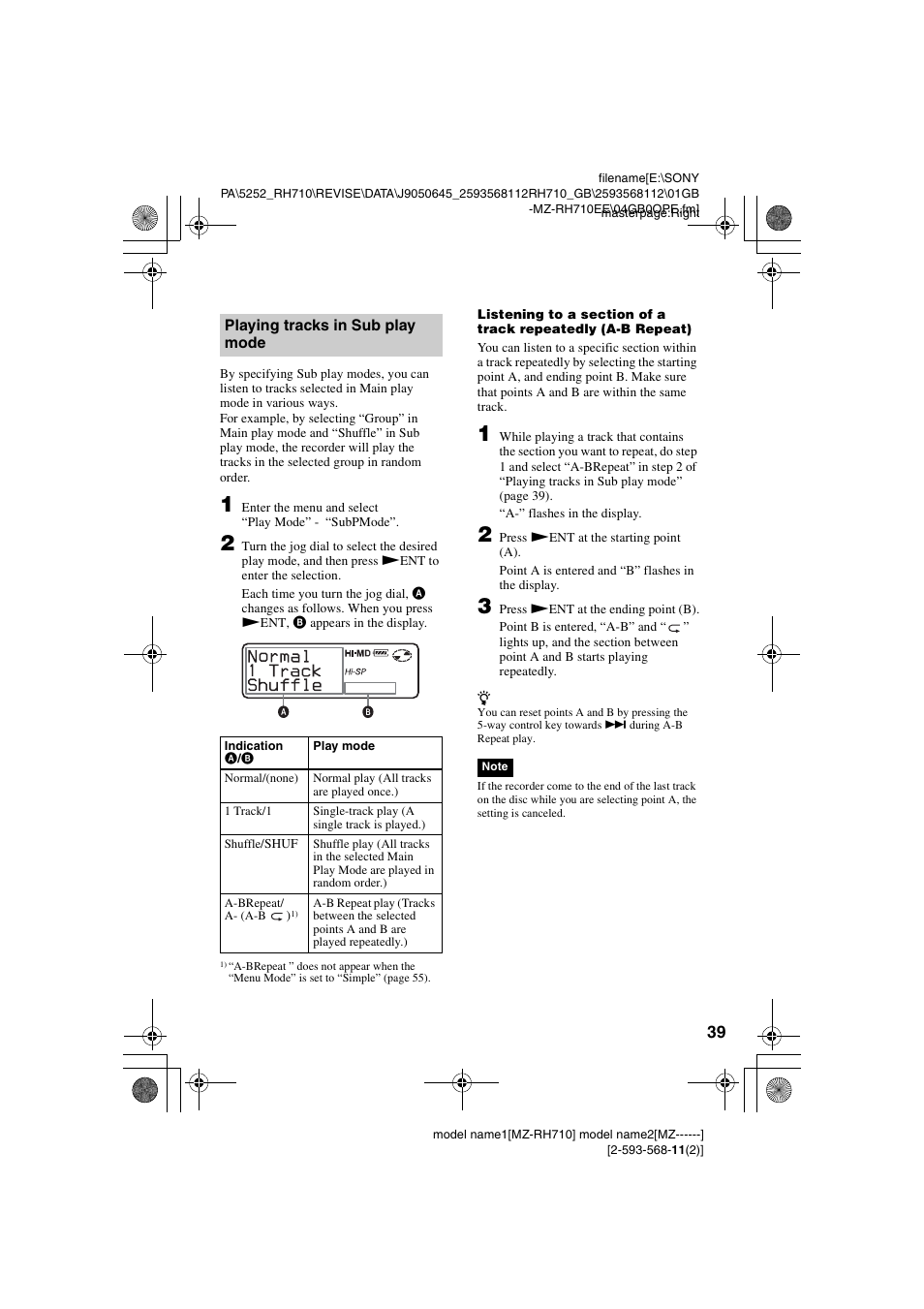 Playing tracks in sub play mode | Sony Portable MD Recorder MZ-RH710 User Manual | Page 39 / 115