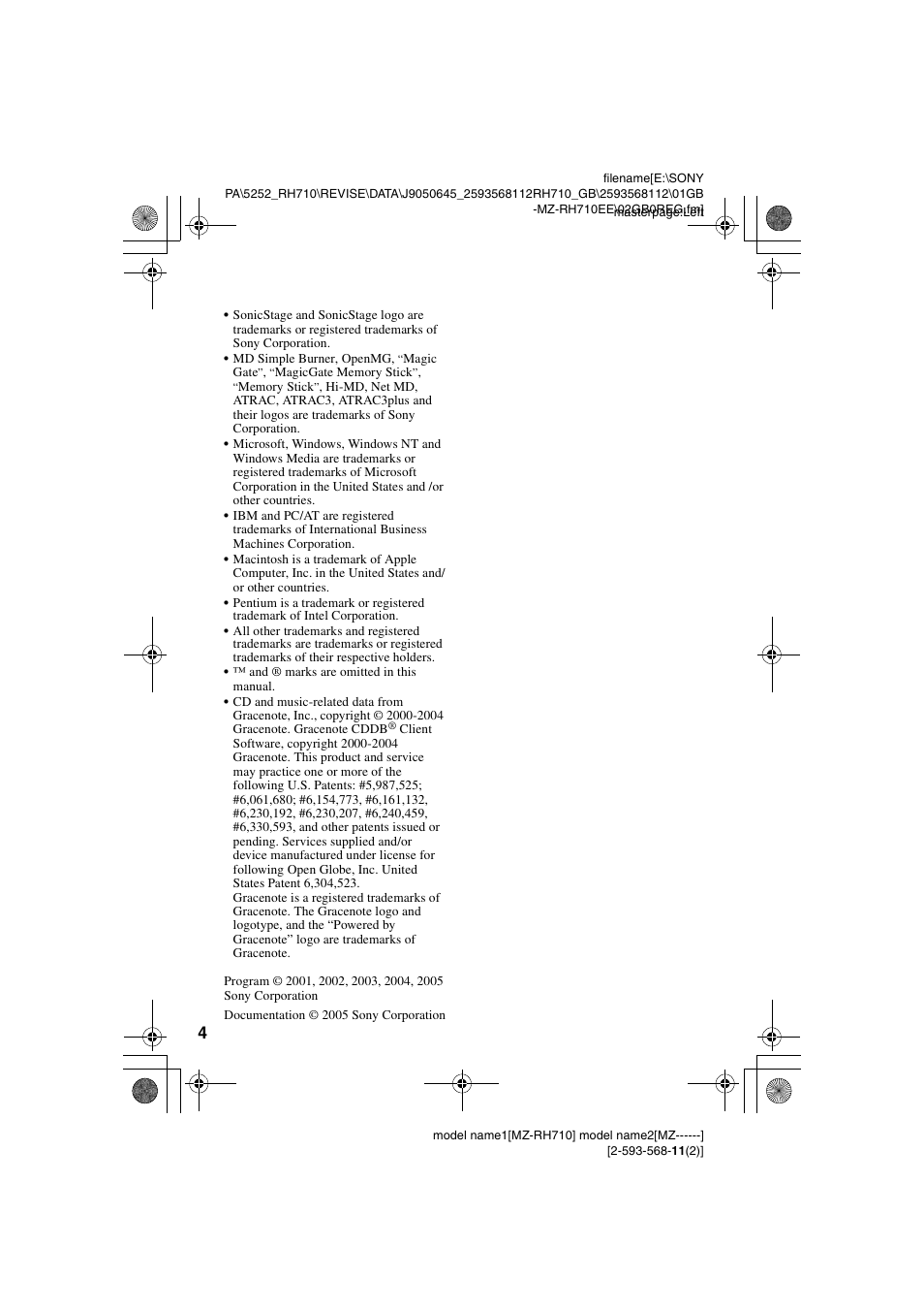 Sony Portable MD Recorder MZ-RH710 User Manual | Page 4 / 115