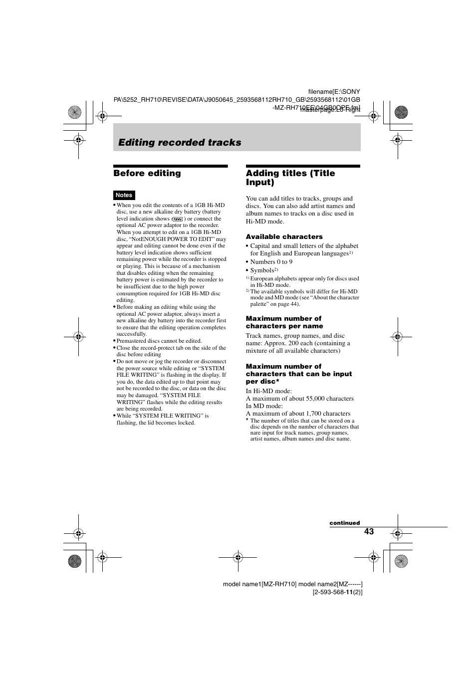 Editing recorded tracks, Before editing, Adding titles (title input) | Before editing adding titles (title input) | Sony Portable MD Recorder MZ-RH710 User Manual | Page 43 / 115