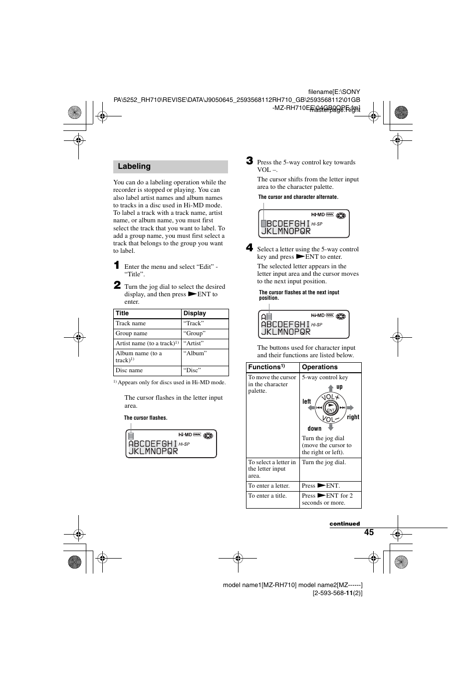 Labeling | Sony Portable MD Recorder MZ-RH710 User Manual | Page 45 / 115